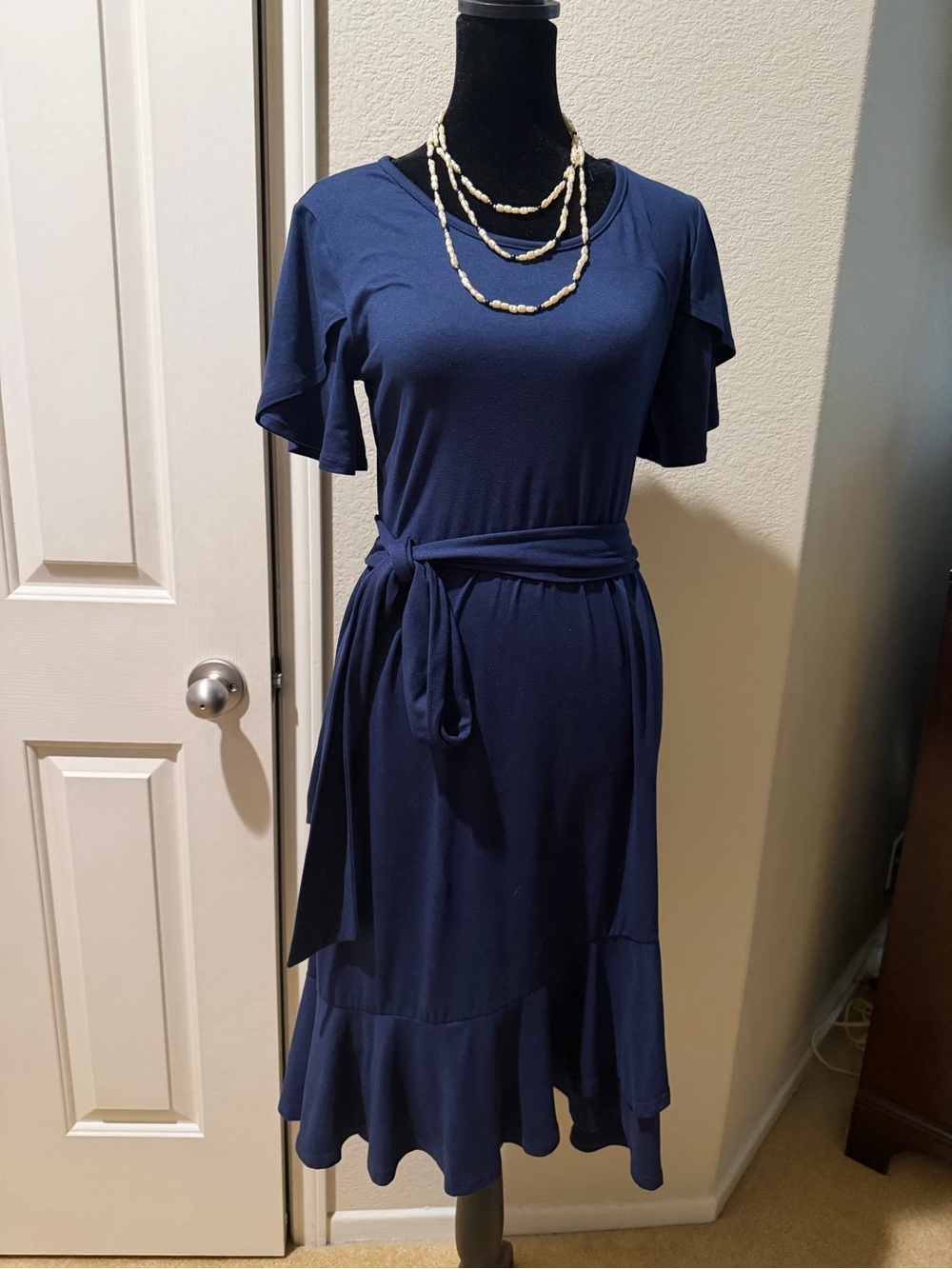 Reborn J Navy Short-Sleeve Tie-Waist Midi Dress